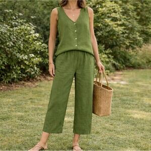 Bryn Walker Linen Two Piece Set Top Pants Green Casual Lagenlook Boho X-Large